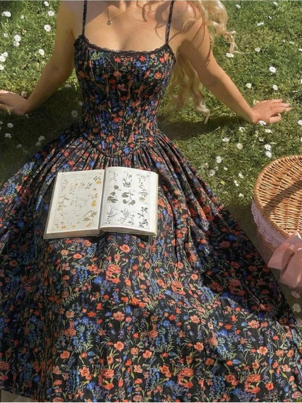 Floral Smocked Midi Dress in Black